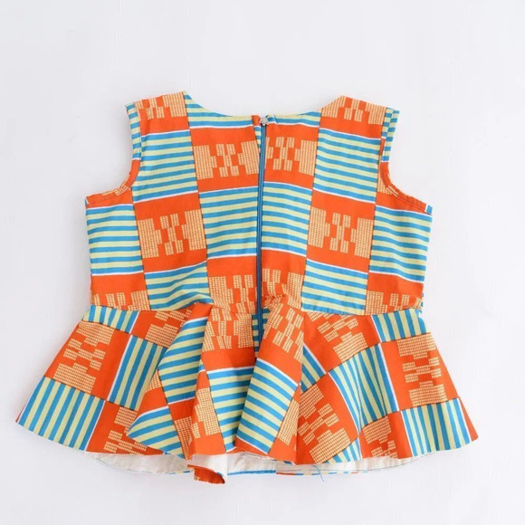 Handmade Orange and Blue Matching Peplum Sleeve  Shirt & Pencil Skirt Set - Picture 9 of 16